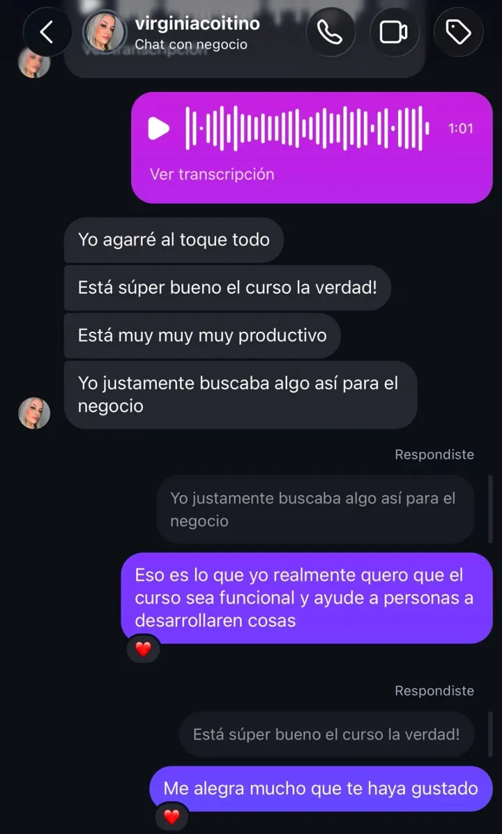 Captura de mensaje de un alumno: Está súper bueno el curso. Yo justamente buscaba algo así para el negocio.